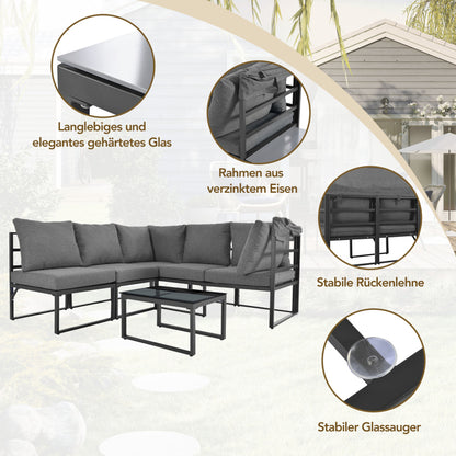 Garten Loungesessel Set, Iron Sunny Island Sitzgruppe Hocker und Tisch mit Markise 4er Set Balkon und Garten Loungemöbel Terrassenmöbel Wetterfest Grau Inkl. aller Kissen(previous sku:HW24006AAA)