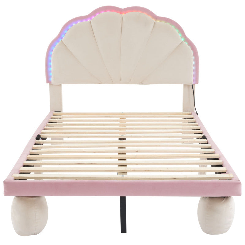 Polsterbett mit mehrfarbigen, wechselnden LED Lichtstreifen, Kopfteil mit Wellenschliff, mit gepolsterter runden Beine, Kinderbett mit Holzlatten, Einzelbett, Samt, Beige+Rosa, 90x200cm
