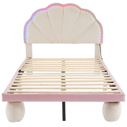 Polsterbett mit mehrfarbigen, wechselnden LED Lichtstreifen, Kopfteil mit Wellenschliff, mit gepolsterter runden Beine, Kinderbett mit Holzlatten, Einzelbett, Samt, Beige+Rosa, 90x200cm