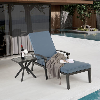 Lounge Patio Chair with Cotton Cushion, Adjustable Reclining Rust-Resistant Aluminum  Poolside Chaise Lounge Furniture, Waterproof Blue Cushion (1pc)