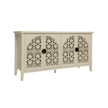 Natürliches Holzfarbener vier Türen Sideboard, mit geschnitztem und durchbrochenem Design, ausgestattet mit drei Einlegeböden. Geeignet für Wohnzimmer, Flur, Esszimmer und Küche.(147.6x40x80cm)