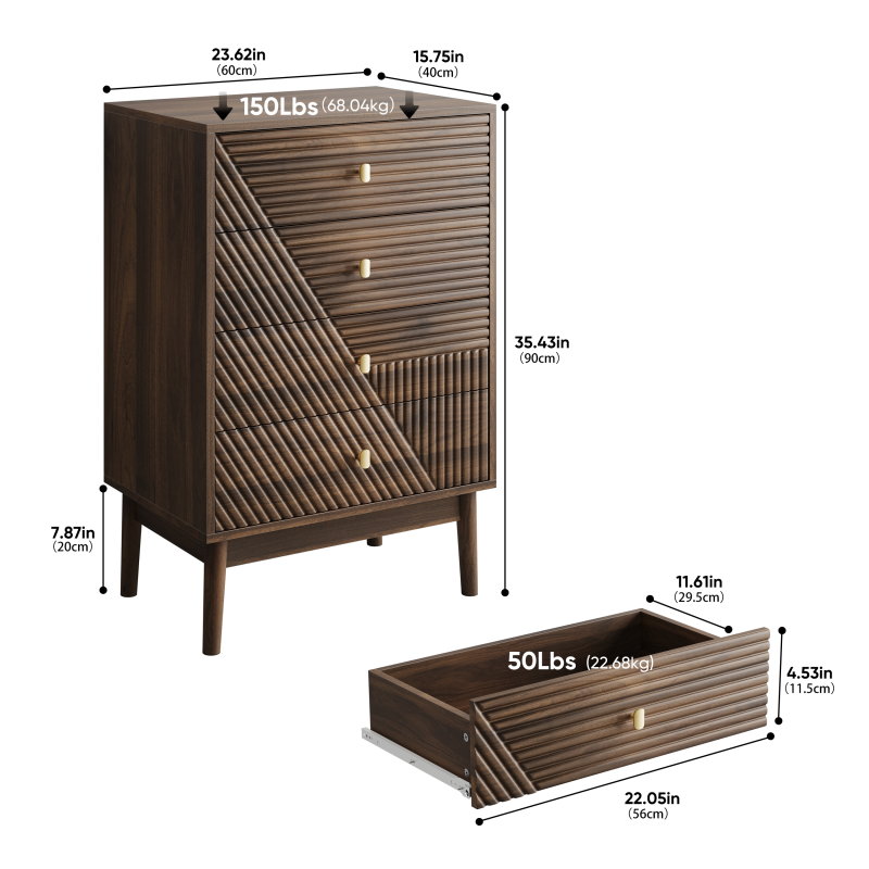 Kommode mit 4 Schubladen, Aufbewahrungsschrank aus Holz, Frisiertisch-Aufbewahrungsschrank für Wohnzimmer, Schlafzimmer, Flur, Walnuss