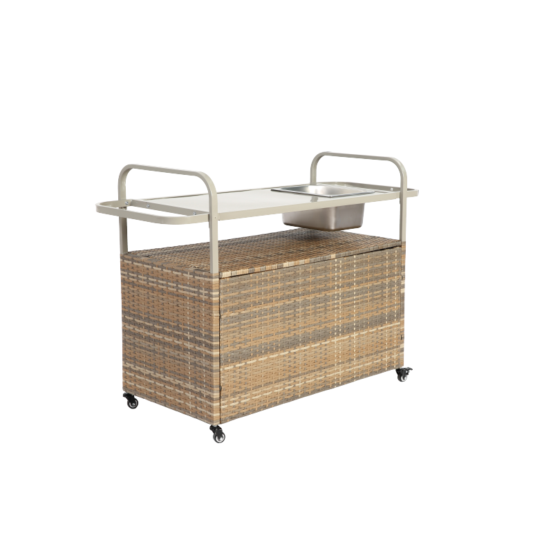 Outdoor Bar Table, Wicker Bar Cart with Cabinet, Patio Serving Cart with steel Top, with one ice bucket,Lockable Wheels, Side Basket for Garden, Poolside & Backyard, Beige