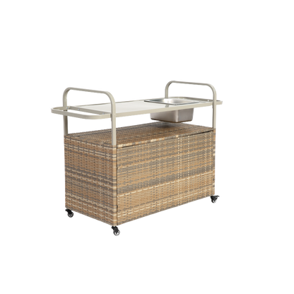Outdoor Bar Table, Wicker Bar Cart with Cabinet, Patio Serving Cart with steel Top, with one ice bucket,Lockable Wheels, Side Basket for Garden, Poolside & Backyard, Beige
