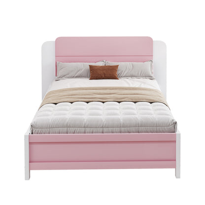 Holzbett 90*200 cm , Einzigartige und Minimalistische Form, Kopfteil mit Liniendesign, Kindereinzelbett, Rosa