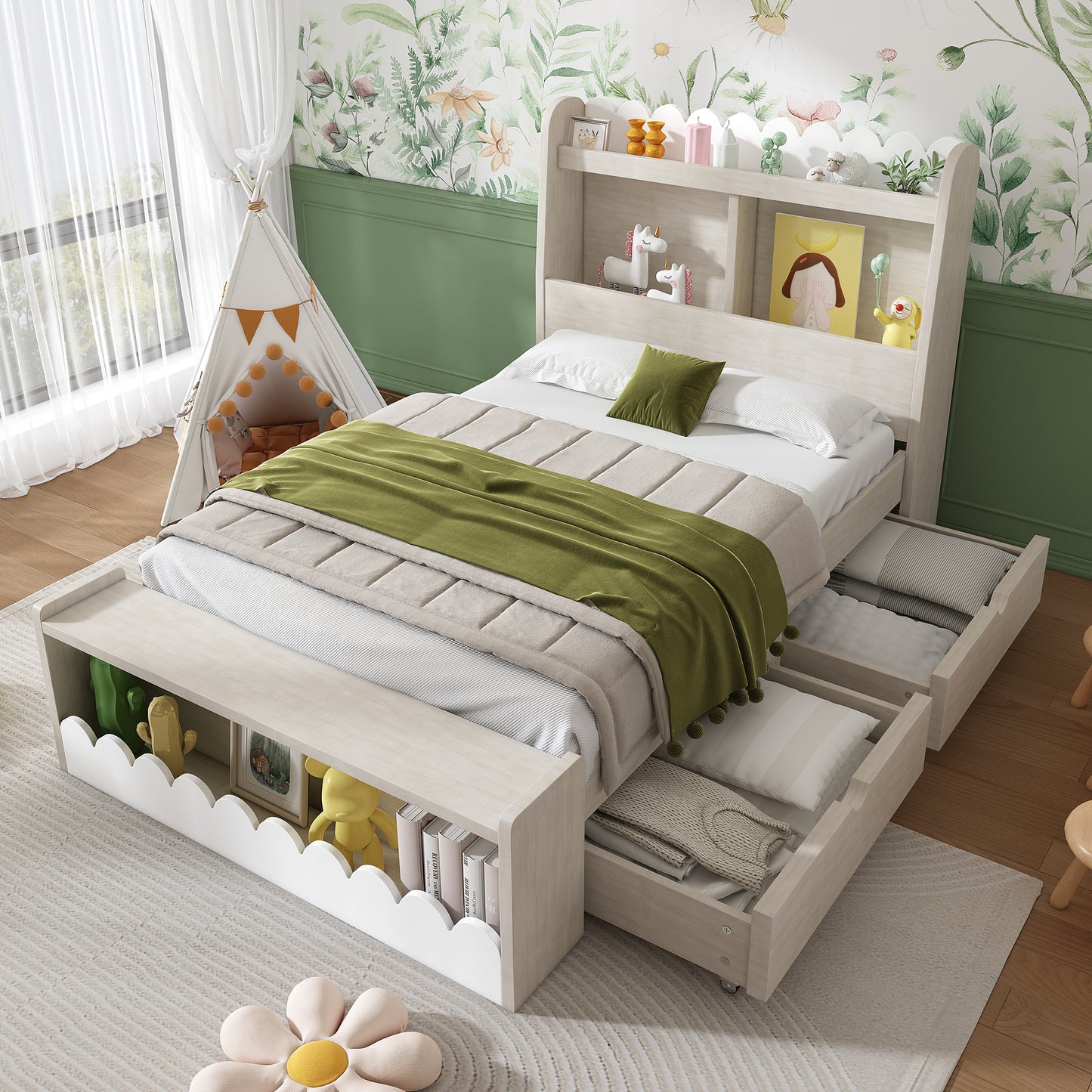 Kinderbett Einzelbett Stauraumbett mit Schubladen, Regal und Sitzbank mit Stauraum, Holzbett 90x200 cm, Weiß mit Eichefarben (Ohne Matratze)