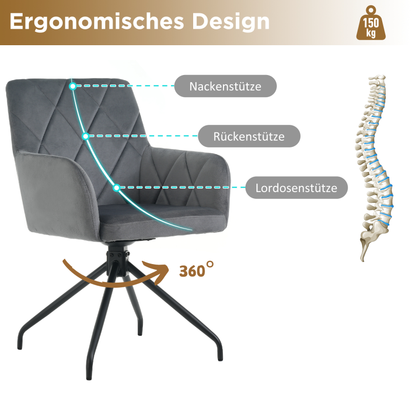 4er Set 360° Drehbarer Esszimmerstühle mit Rautenmuster, Lendenwirbelstütze,Samt, anthrazit