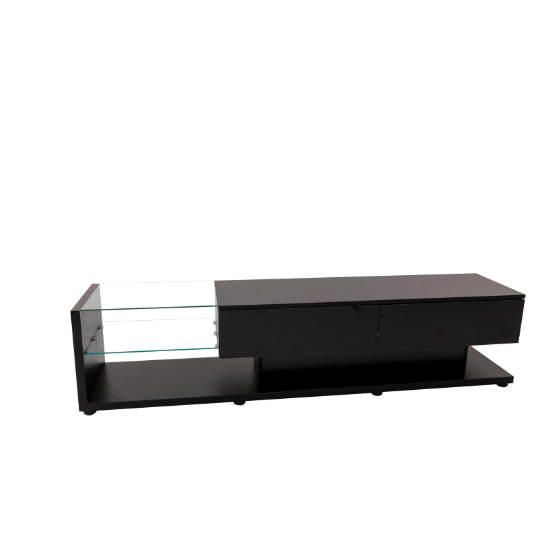 TV-Schränke, Lowboards, Hochglanz-Wohnzimmermöbel. Glastrennwände und variable LED-Beleuchtung. Es verbindet natürlichen, rustikalen Stil mit modernem Design.