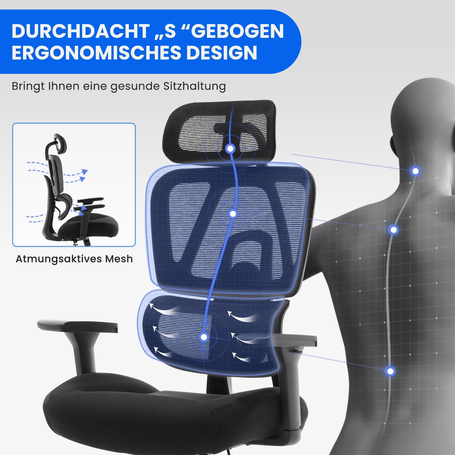 3D Ergonomischer Bürostuhl 200KG Großer und hoher Bürostuhl mit 3D Weiches Kissen 4D Armlehnen Schreibtischstuhl Mesh Bürostuhl für Haus und Büro Atmungsaktiver Netz-Chefsessel