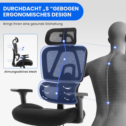 3D Ergonomischer Bürostuhl 200KG Großer und hoher Bürostuhl mit 3D Weiches Kissen 4D Armlehnen Schreibtischstuhl Mesh Bürostuhl für Haus und Büro Atmungsaktiver Netz-Chefsessel