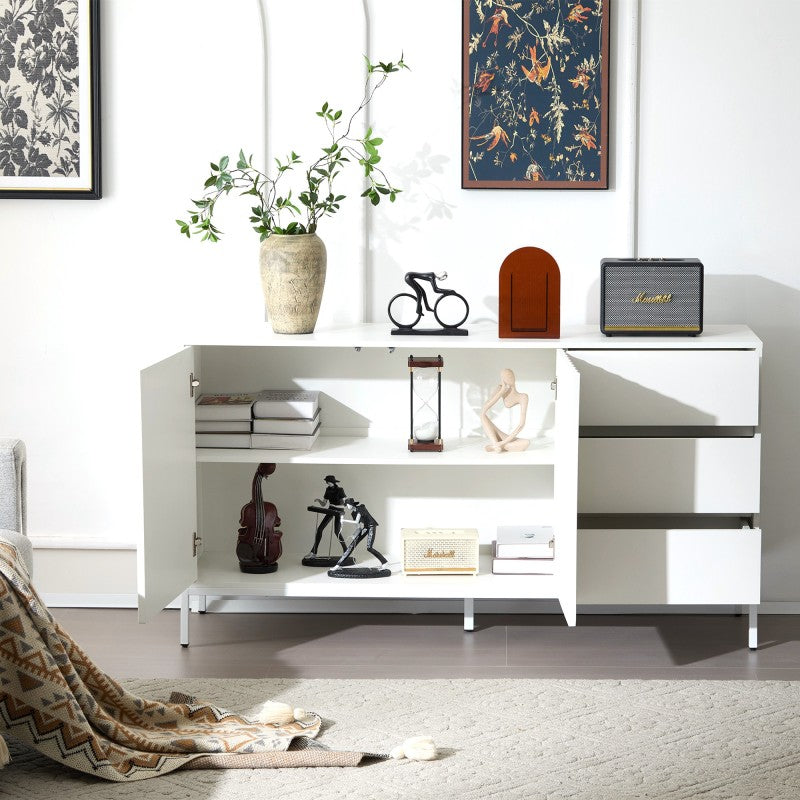 1.5m weißes modernes minimalistisches Sideboard, Aufbewahrungsschrank, Wellenmuster-Design, verstellbare Einlegeböden, 3 Schubladen, geeignet für Küche, Wohnzimmer, Korridor und andere Multi-Szene