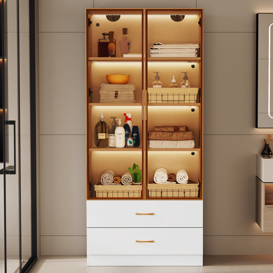 Badezimmerschrank, mittel, mit Lichtleiste, 75 cm breit, mit 2 großen Schubladen und 2 Türen, Glastür