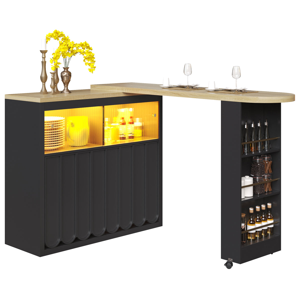 Ausziehbarer Bartisch 135-205cm mit LED & USB, Mobiler Hochtisch Schwarz, Teleskop-Kücheninsel mit Glas-Schiebetür & Soft-Close, Gestreift