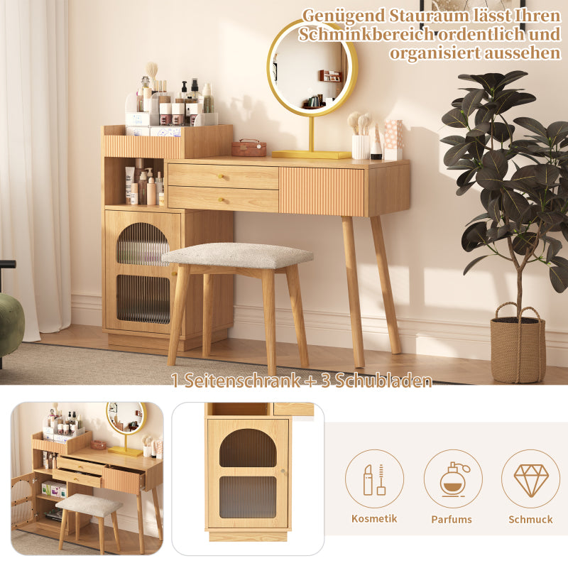 Schminktisch-Set, Kosmetiktisch mit LED-Spiegel und 3-Farbiger Beleuchtung, Schminktisch aus Holz für Schlafzimmerstudio - Maße: B120/H90/T40 cm(ohne Hocker) (Old sku: RN3198724AAA)
