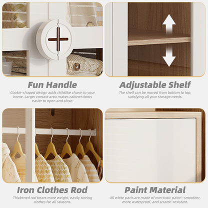 Kinder Kleiderschrank, zweitüriger Glastür-Schrank mit Kleiderstange und verschiebbaren Regalen, Keks-Form-Holzgriffen, weiß+natürliches Holz