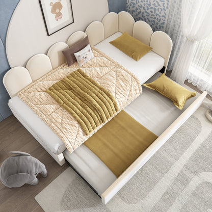 Polsterbett Daybett 90x200cm,Tagesbett Schlafsofa mit Ausziehbett 90x190cm, Kinderbett mit Lattenrost, Samt,Beige, ohne Matratze