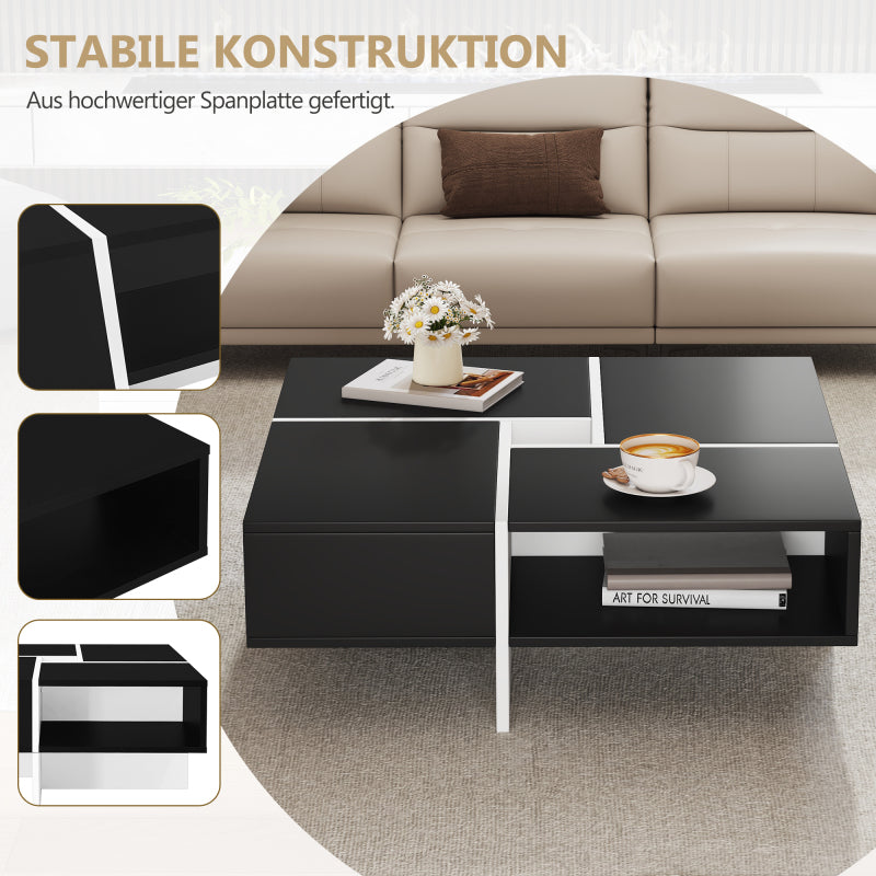 Moderner quadratischer Couchtisch 70x70x35cm - Schwarz-weißes Design, 5 offene Fächer, mittleres Ablagefach 10x10cm, Belastbarkeit 30KG, schwarzer quadratischer Couchtisch