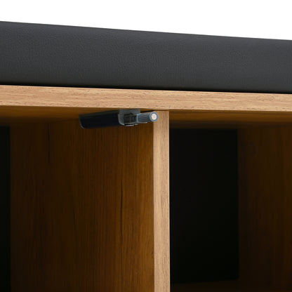 Schuhbank mit Garderobe & 3 Haken, Schuhschrank mit 2 Türen und Sitzbank, Flurmöbel aus Spanplatte, Schwarz/Natur, B70×T36×H146 cm