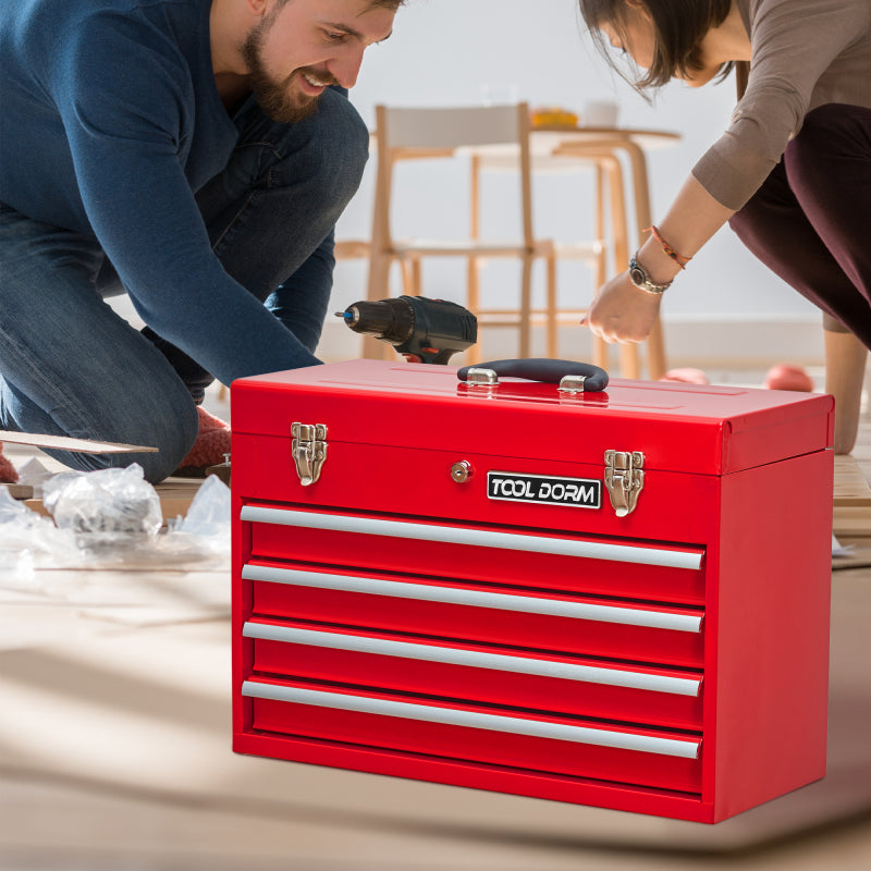 20.3inch Metal Tool Box with Drawers Portable Steel Metal Tool Box with Protective Liner and Metal Latch Closure and Lock for Garage, Home and Warehouse (Red-4 Drawers)