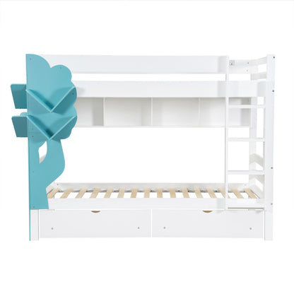Etagenbett, Kreatives Kinderbett, Bücherregal in Baumform, Offenes Regal, Zwei Schubladen mit Rollen, Mit Fallschutzgitter, Reichlich Stauraum, Kiefer+MDF, Weiß+Blau, 90x200cm