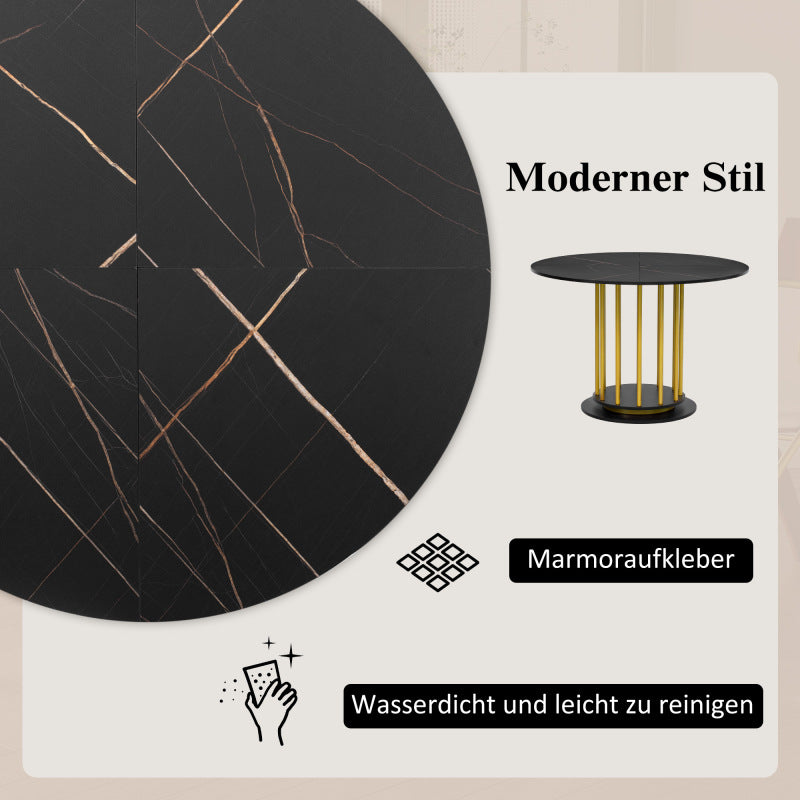Runder Esstisch mit Marmoroptik Modernes Design mit Metallgestell, Schwarz+Gold
