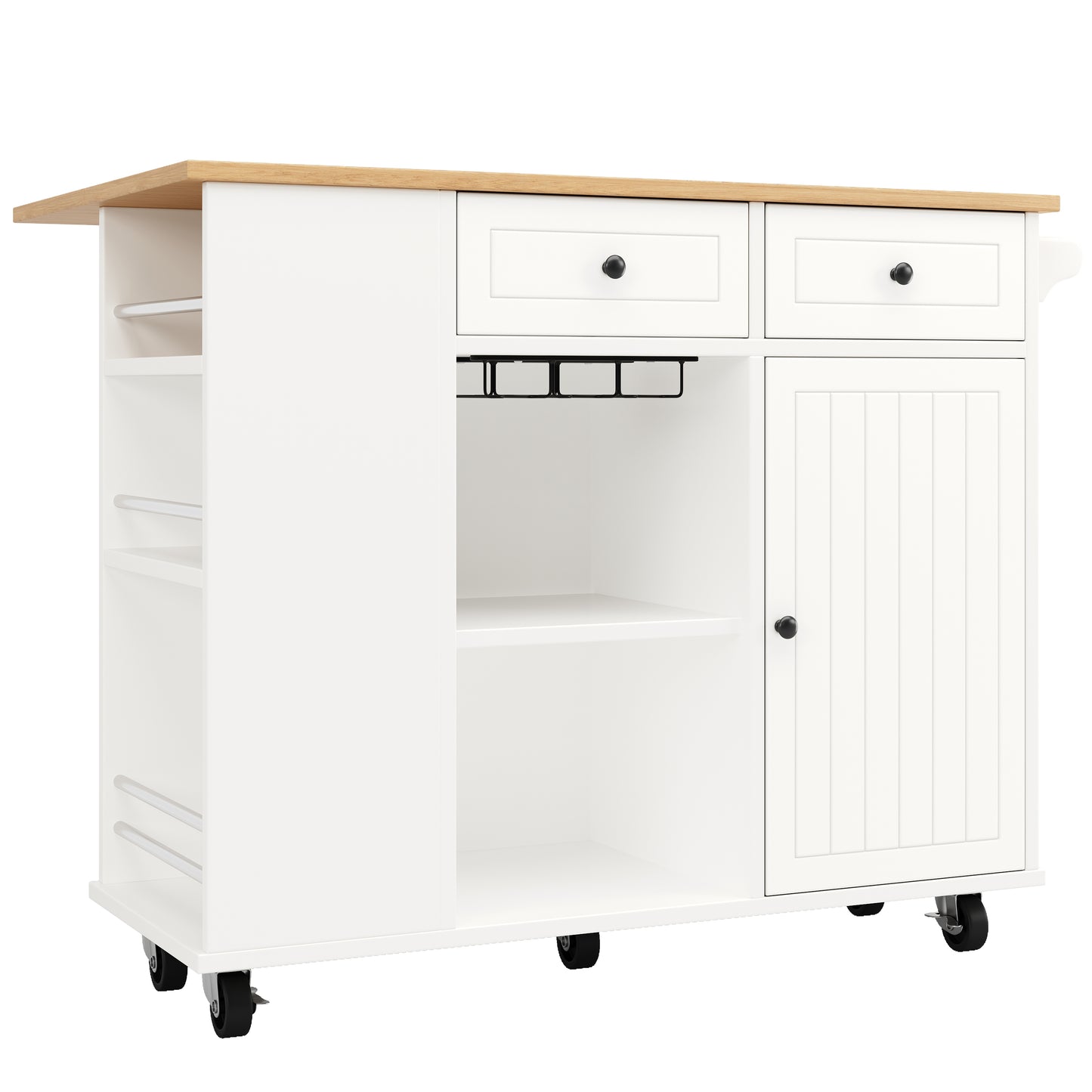 Kücheninsel mit herausnehmbaren Trennwänden, Küchenschrank, Esszimmerwagen mit Arbeitsplatte, Buffetschrank, Esszimmerwagen mit Holzmaserung, ausgestattet mit Snackhalter und Weinglasregal, weiß