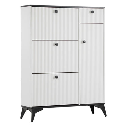 Schuhschrank mit 3 Klappen, 1 Schublade und 1 Tür, Schuhregal, Schuhkipper schmal, Schuhschrank weiß