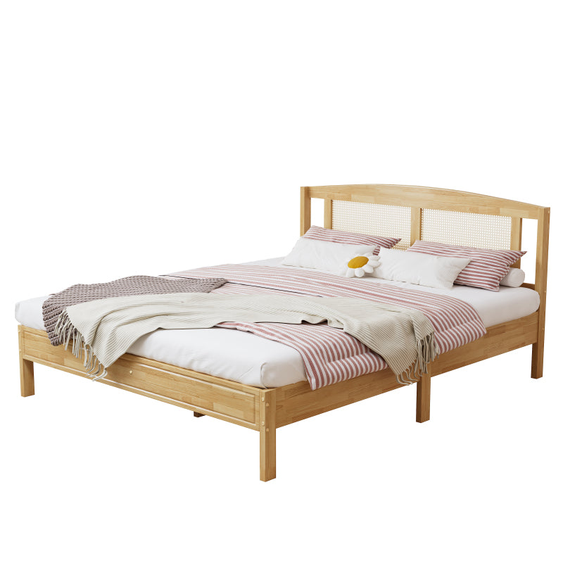Doppelbett, Rattanbett, Jugendbett Erwachsenenbett 160X200cm, Rattannetzkissen, mit 15 Latten und Mittelfüße, Kiefer + PE-Rattan, Natur