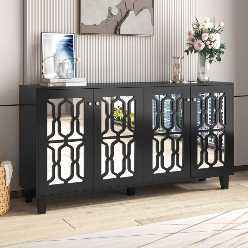Schwarz verspiegelte Anrichte mit kühlen Kristallgriffen, Vier Türen, mit beweglichem Laminat.für Wohn- und Esszimmer, 160 x 40 x 84cm