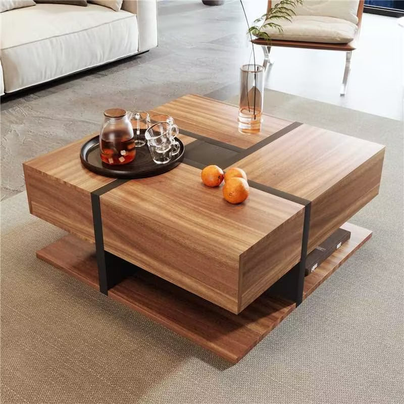 Couchtisch, Tisch mit 4 Schubladen, einzigartige Farbabstimmung und Liniendesign, Stauraum unten. 78*78*36cm