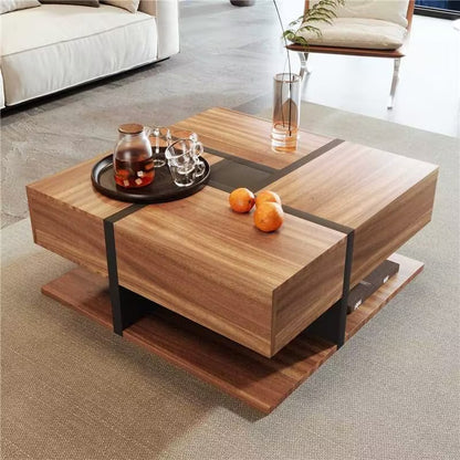 Couchtisch, Tisch mit 4 Schubladen, einzigartige Farbabstimmung und Liniendesign, Stauraum unten. 78*78*36cm