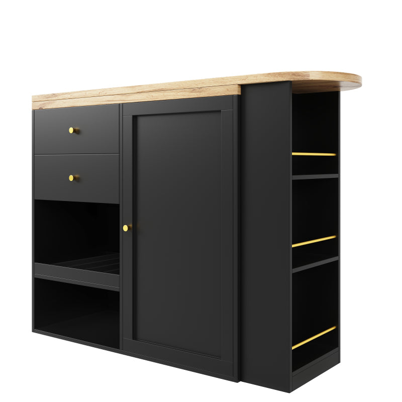 Um 360° drehbarer Bartisch (Hauptkörper 105 x 39 x 102 cm), mit 2 Schubladen und Schiebetürschrank, 3 Ebenen offener Stauraum, geeignet für Esszimmer/Arbeitszimmer/Wohnzimmer usw