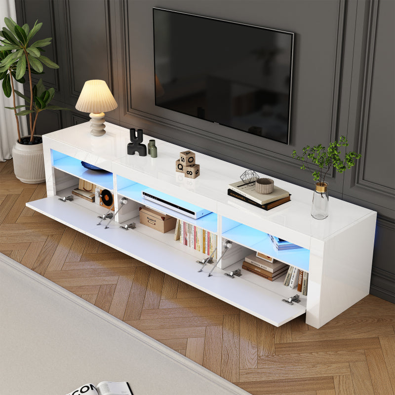 Weißer Hochglanz-TV-Schrank mit LED-Beleuchtung und Stauraum, weißes niedriges Paneel, bietet Platz für 80-Zoll-Fernseher, TV-Unterschrank mit herunterklappbarer Schranktür, 190 x 24 x 40 cm