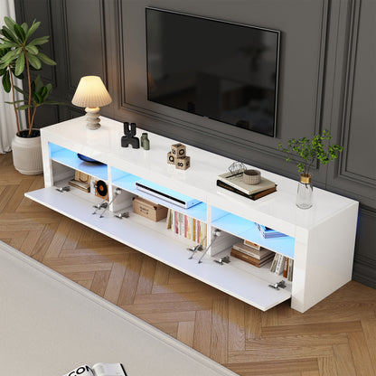Weißer Hochglanz-TV-Schrank mit LED-Beleuchtung und Stauraum, weißes niedriges Paneel, bietet Platz für 80-Zoll-Fernseher, TV-Unterschrank mit herunterklappbarer Schranktür, 190 x 24 x 40 cm