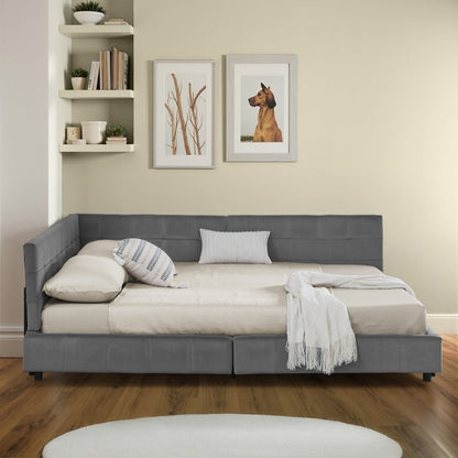 Doppelbett 140x200 cm, weiches hautfreundliches Samt, L-förmiges Eck Bettgestell, robuste Eukalyptus- und Eisenlatten, Dark Gray (ohne Matratze)