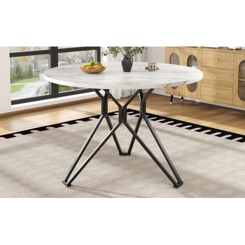Esstisch-Set (5-teilig), Esstisch-Set mit 4 Stühlen, Modernes Küchen-Esstisch-Set, Runder Küchentisch mit Durchmesser 100 cm, Schwarze Metallbeine, MDF-Marmor-Tischplatte, Graue Samt-Esszimmerstühle