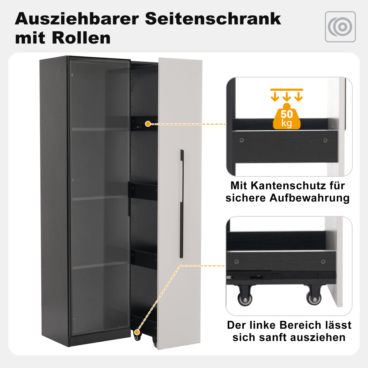Multifunktionsschrank 70x40x160cm - LED Vitrine mit Glastür aus gehärtetem Glas & Aluminiumrahmen, Seitenauszug auf Rollen, Schwarz-Weiß