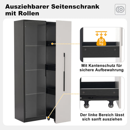 Multifunktionsschrank 70x40x160cm - LED Vitrine mit Glastür aus gehärtetem Glas & Aluminiumrahmen, Seitenauszug auf Rollen, Schwarz-Weiß