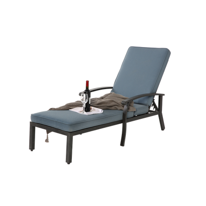 Lounge Patio Chair with Cotton Cushion, Adjustable Reclining Rust-Resistant Aluminum  Poolside Chaise Lounge Furniture, Waterproof Blue Cushion (1pc)