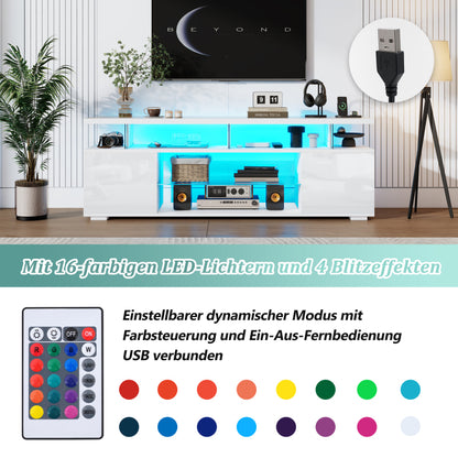 Moderner Low-Panel-Hochglanz-TV-Ständer mit LED-Beleuchtung, TV-Panel, TV-Glasschrank für 60-Zoll-Fernseher, Tische, universelle Gaming-Medienständer, Stauschränke und große Stauräume, Reinweiß