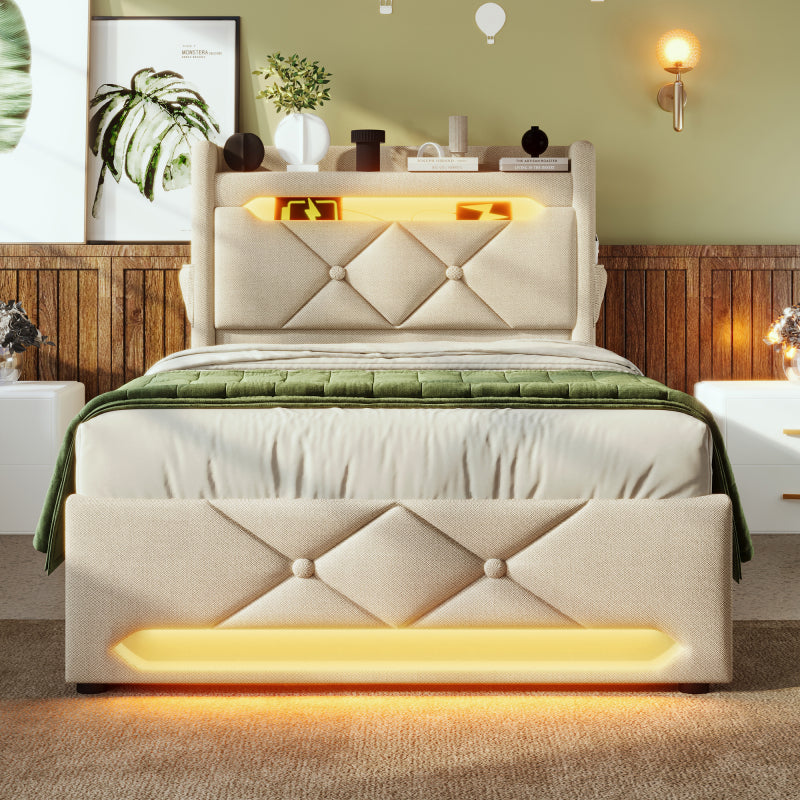 Polsterbett Einzelbett 90*200, Stauraum Kopfteil mit USB und Typ C-Port ,360-Surround-LED-Funktion rund um Kopf- und Fußende des, Betten mit Hydraulisch Stauraum, Beige, Leinen(Mit Matratze)