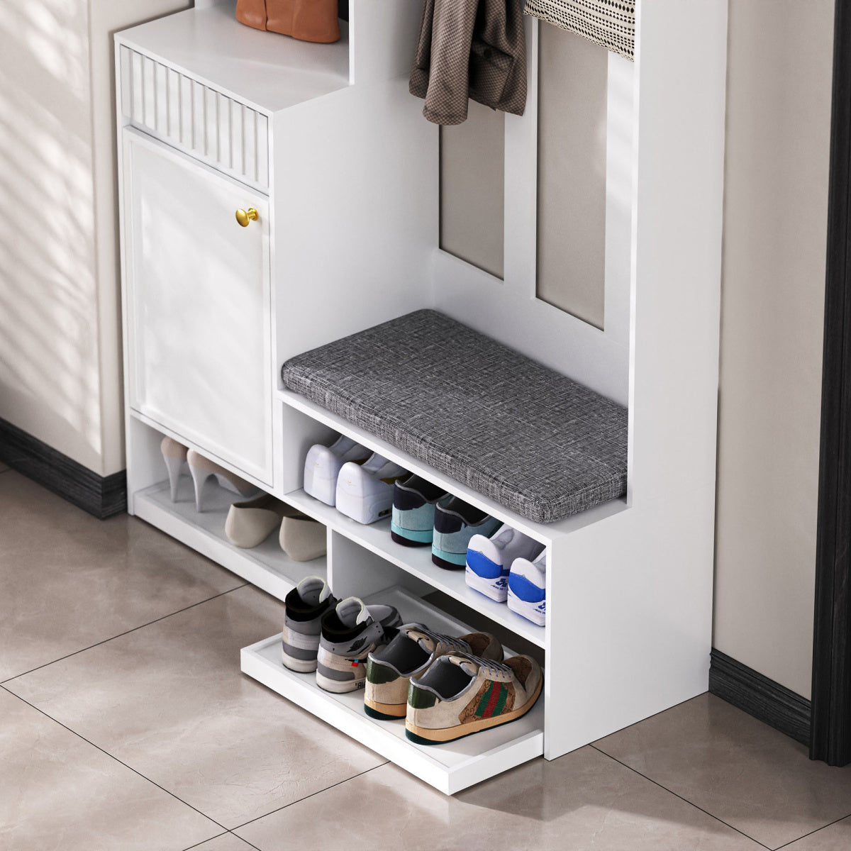 Garderoben-Set mit Sitzbank, Schubladen & Lochwand, Flurgarderobe 6-in-1, MDF, Weiß, 100x180x35 cm