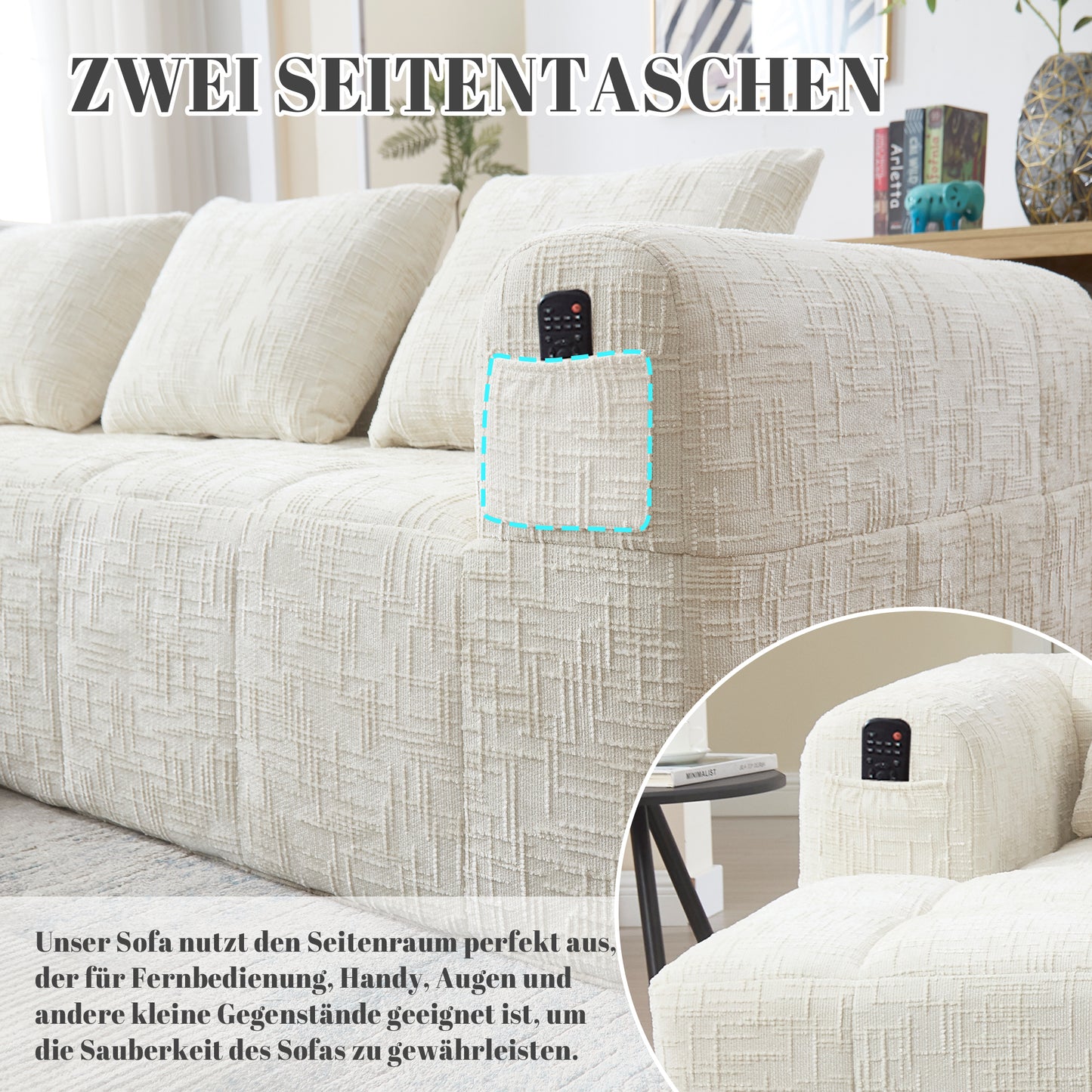 Modernes Sektionssofa, L-Sofa, 3-Sitzer-Sofa, keine Installation erforderlich, Chenille-Sofa mit Chaiselongue und Armlehnen, 3 Kissen, Seitentasche für Fernbedienung, Beige