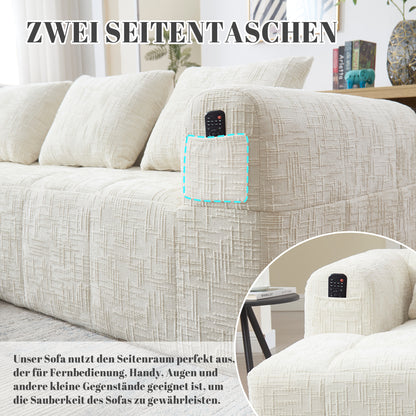 Modernes Sektionssofa, L-Sofa, 3-Sitzer-Sofa, keine Installation erforderlich, Chenille-Sofa mit Chaiselongue und Armlehnen, 3 Kissen, Seitentasche für Fernbedienung, Beige