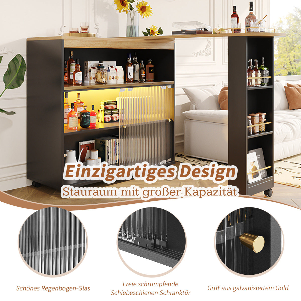 Produkttitel:  Bartisch ausziehbar 138-204cm, fahrbarer Stehtisch mit LED & Changhong-Glas, Küchentisch mit Rollen & Stauraum, Bistro Table, Schwarz