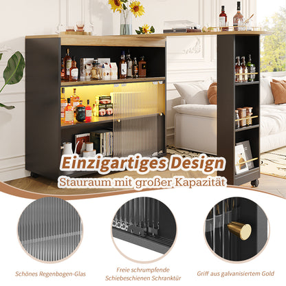 Produkttitel:  Bartisch ausziehbar 138-204cm, fahrbarer Stehtisch mit LED & Changhong-Glas, Küchentisch mit Rollen & Stauraum, Bistro Table, Schwarz