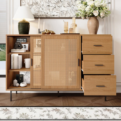 Sideboard 140 cm Natur, Kommode mit Rattan-Schiebetüren