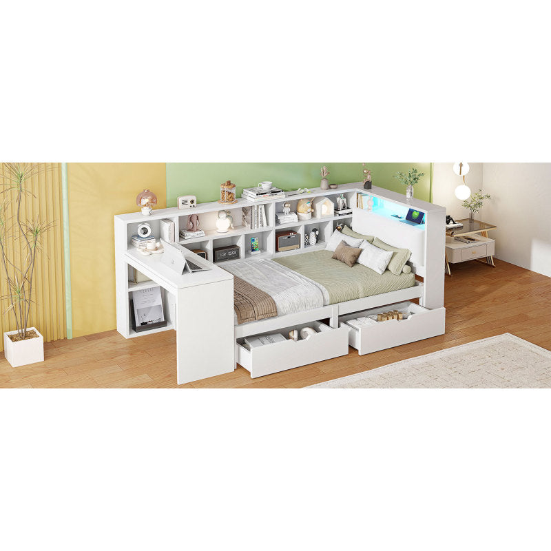 90x200 L-förmiges Holz-Plattformbett mit Schreibtisch und Bücherregal, Eck-Kapitänsbett mit gepolstertem Kopfteil, Schubladen unter dem Bett, LED-Licht - Weiß
