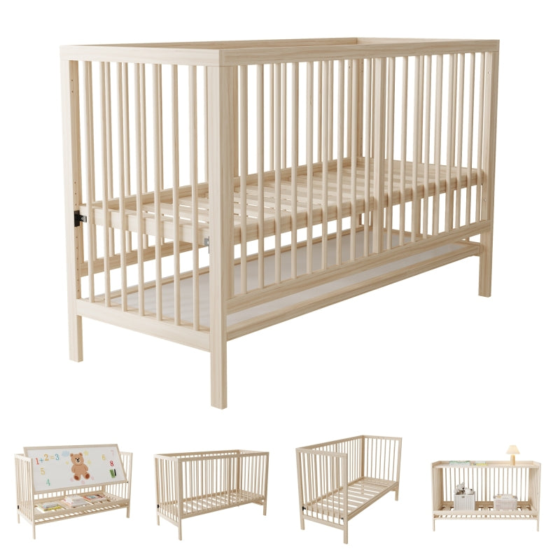 Holz Babybett, umwandelbar in Nebenbett / Malerbrettständer / Schreibtisch, höhenverstellbar, ohne Matratze, aus Fichte, naturfarben, 140x60x90cm