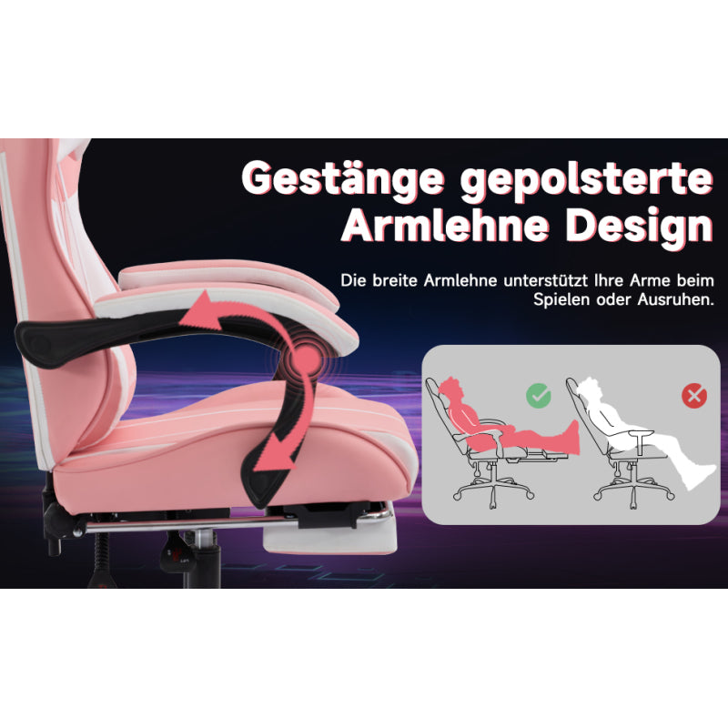 Gaming Stuhl Computerstuhl Ergonomischer Gaming Chair mit Fußstütze Bürostuhl Ergonomischer Computerstuhl mit Lendenwirbelstütze Pinkwhite